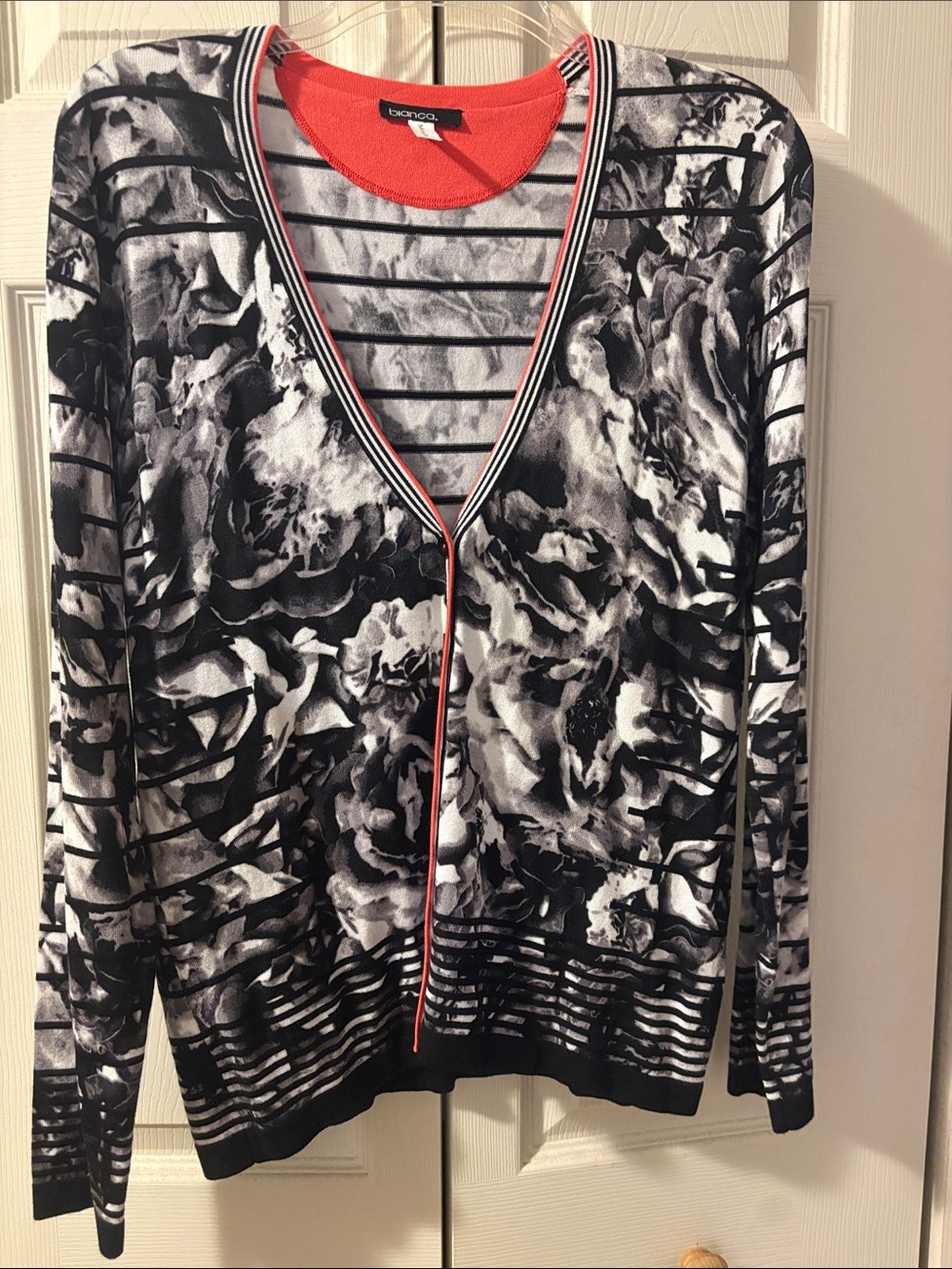 Bianca Black & White Floral-Stripe Button-Down Top with Red Trim